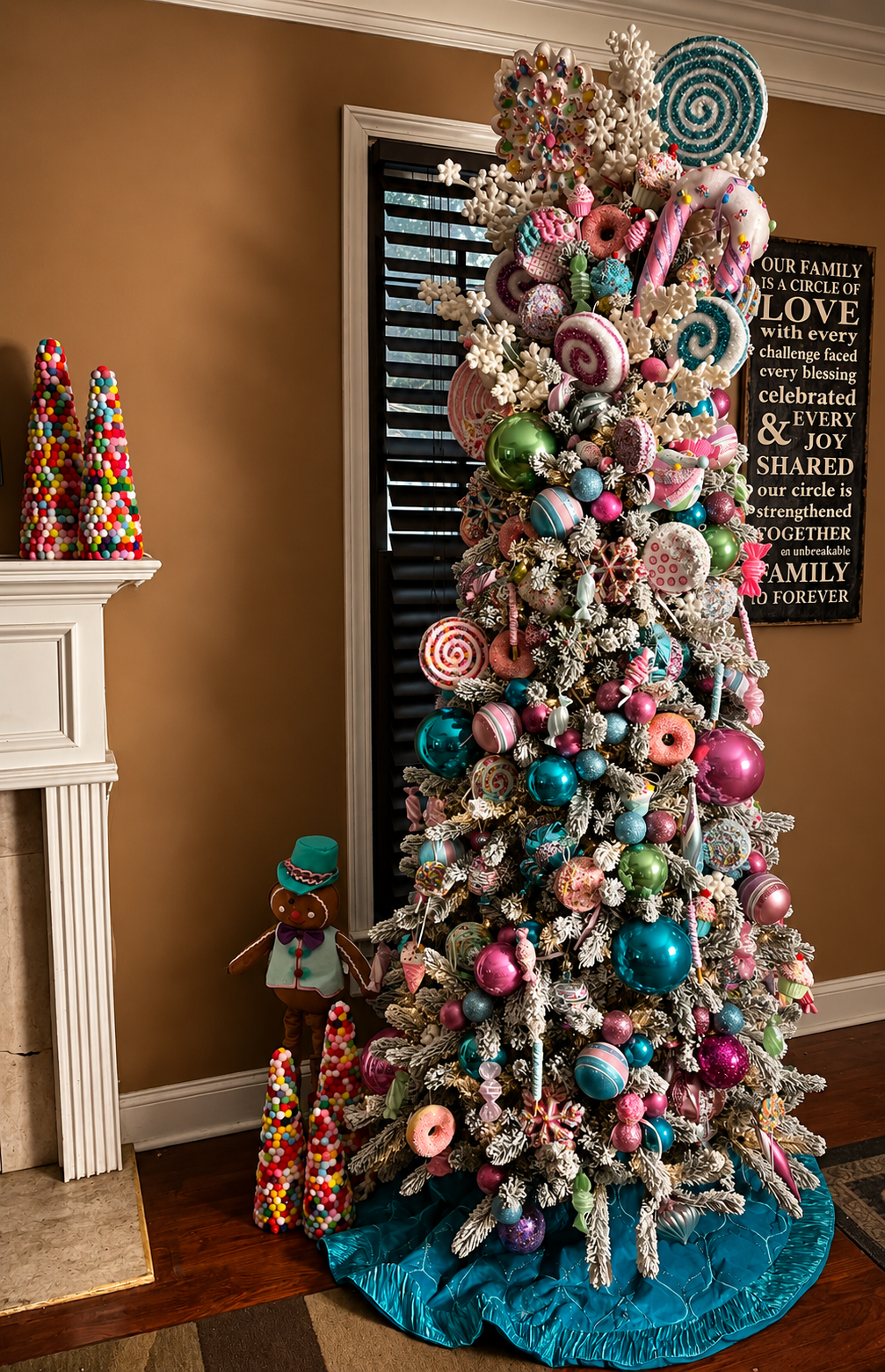 Whimsical candy-themed Christmas tree with lollipops and donuts