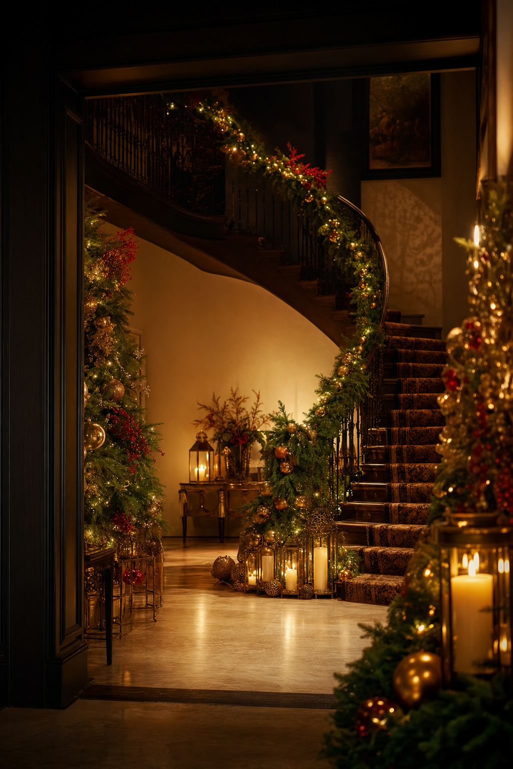 Luxury holiday decor display with garlands, gold ornaments, and warm candlelight in an elegant foyer