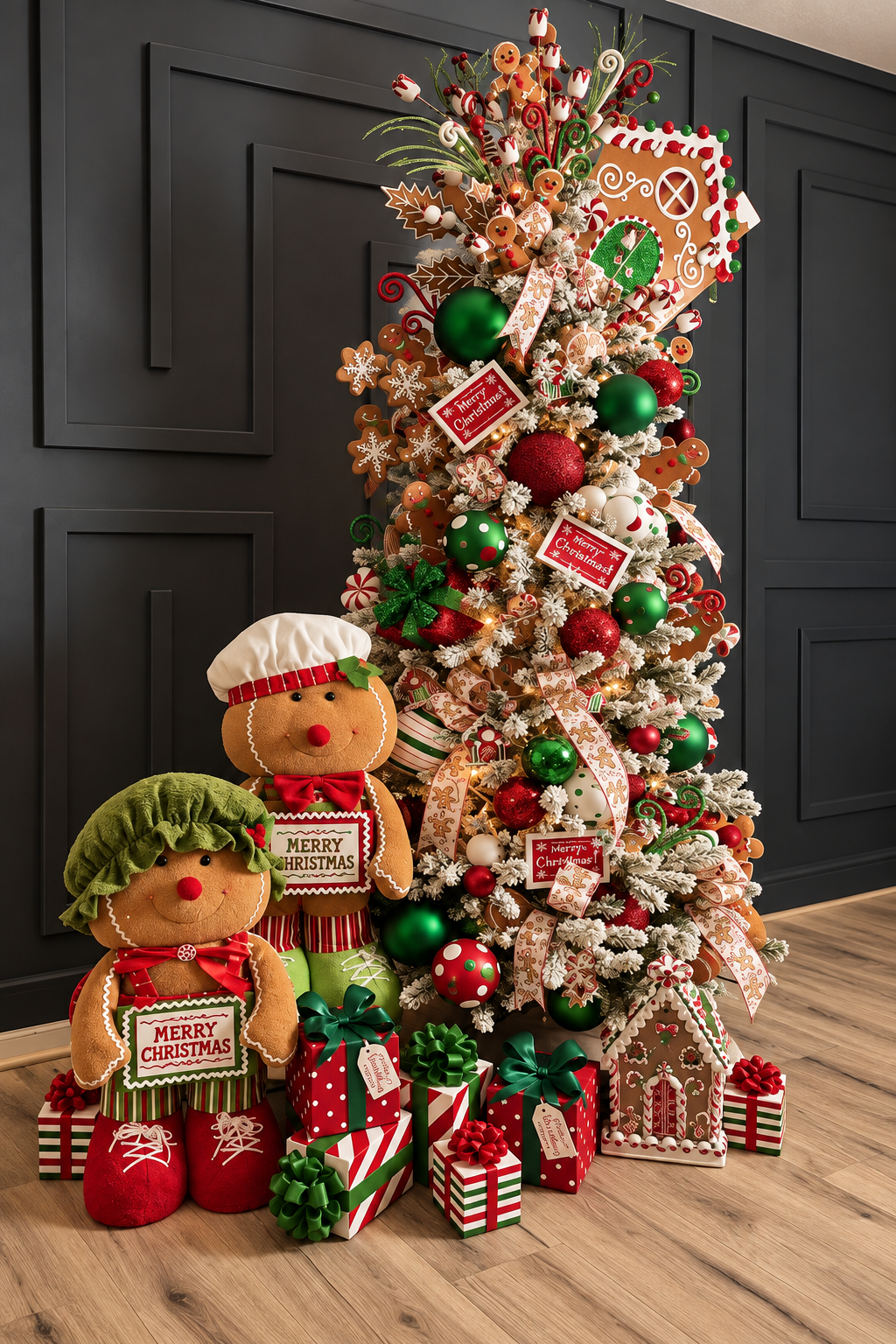 Gingerbread-themed Christmas tree with plush figures