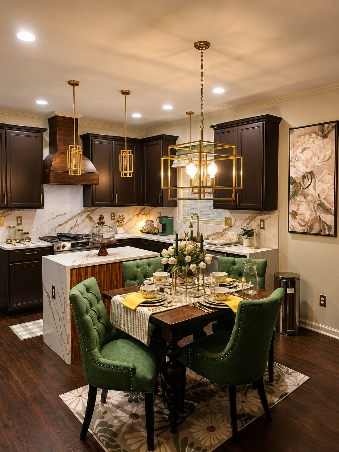 Kitchen with espresso cabinetry, gold-veined marble, and emerald dining chairs