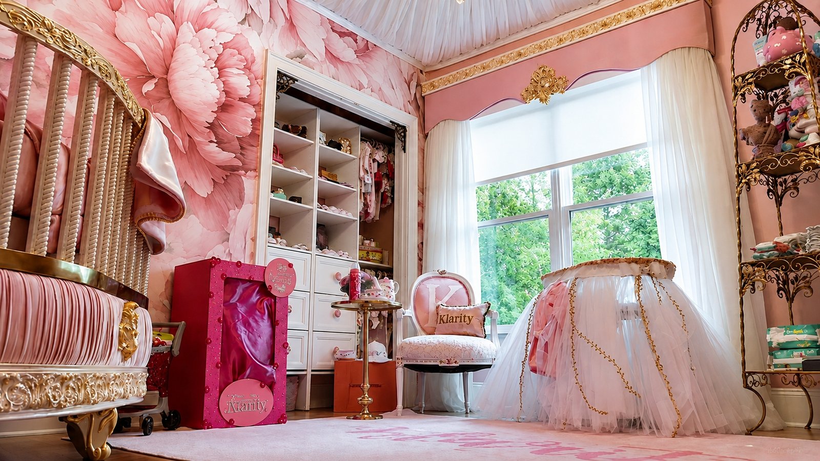 Royal nursery with hand-painted peony mural, gold crib, and designer closet