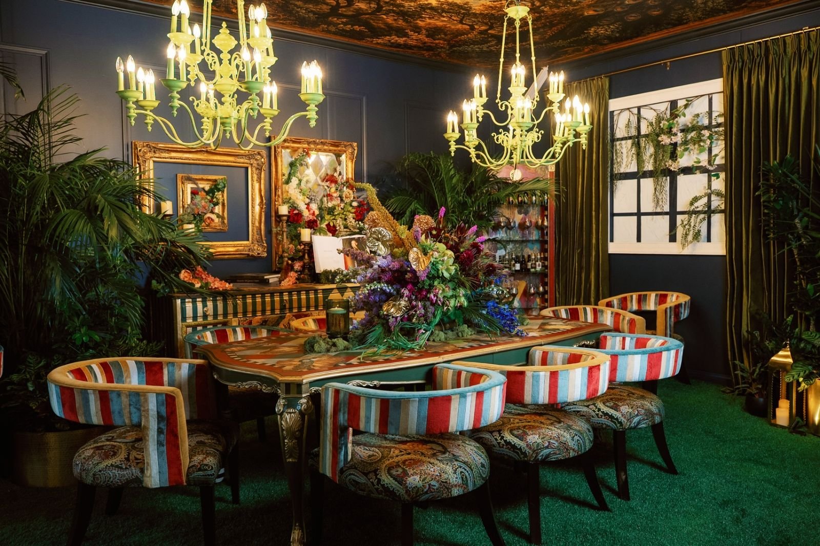 Wide angled room shot of the Peacock Garden dining room showing the full space