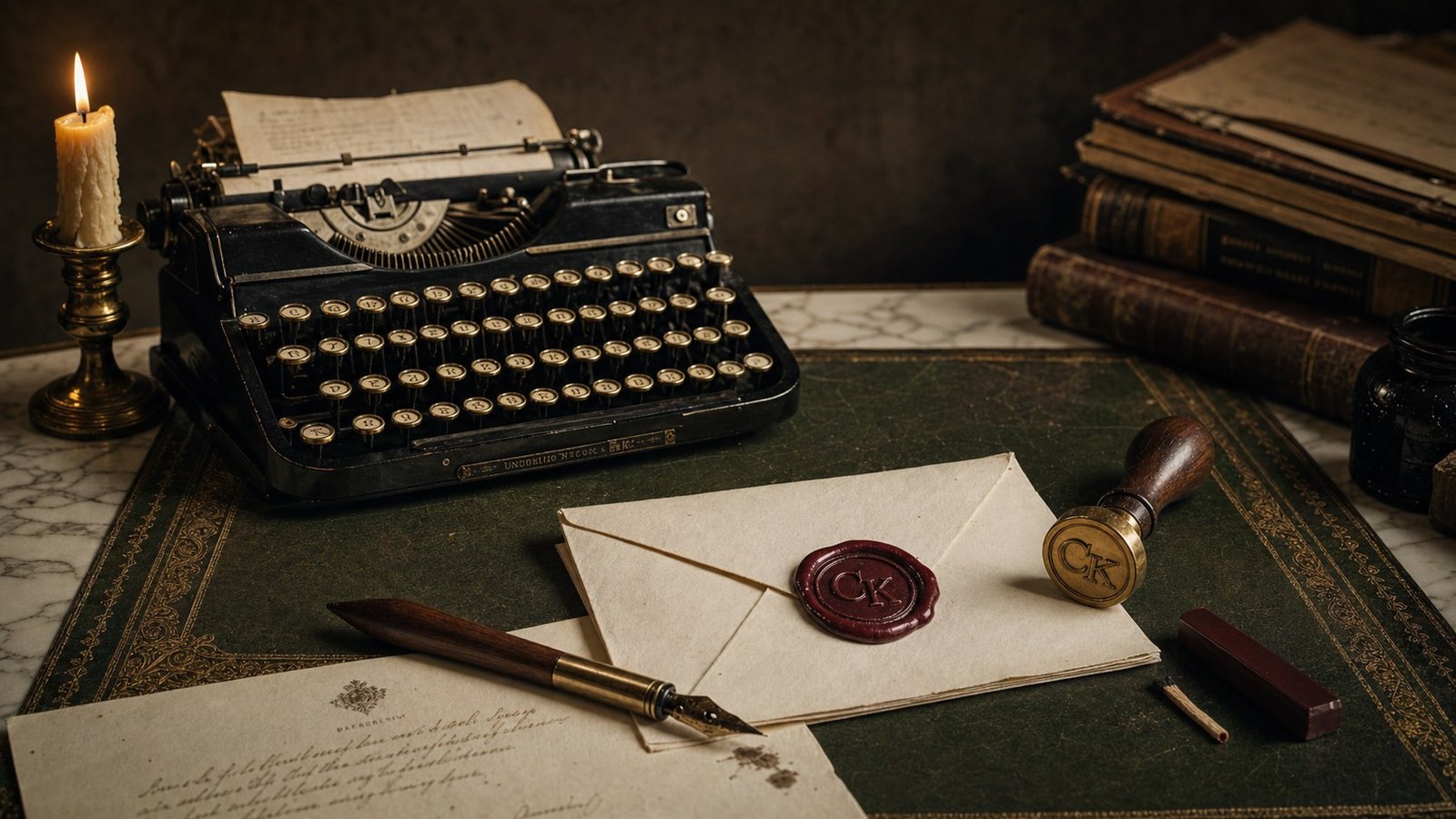 A vintage cast-iron typewriter, gold-nibbed dip pen, and cream letter sealed with a burgundy CK wax stamp arranged on a green leather blotter and marble desk — a still life for Charlee & Knox Atelier.